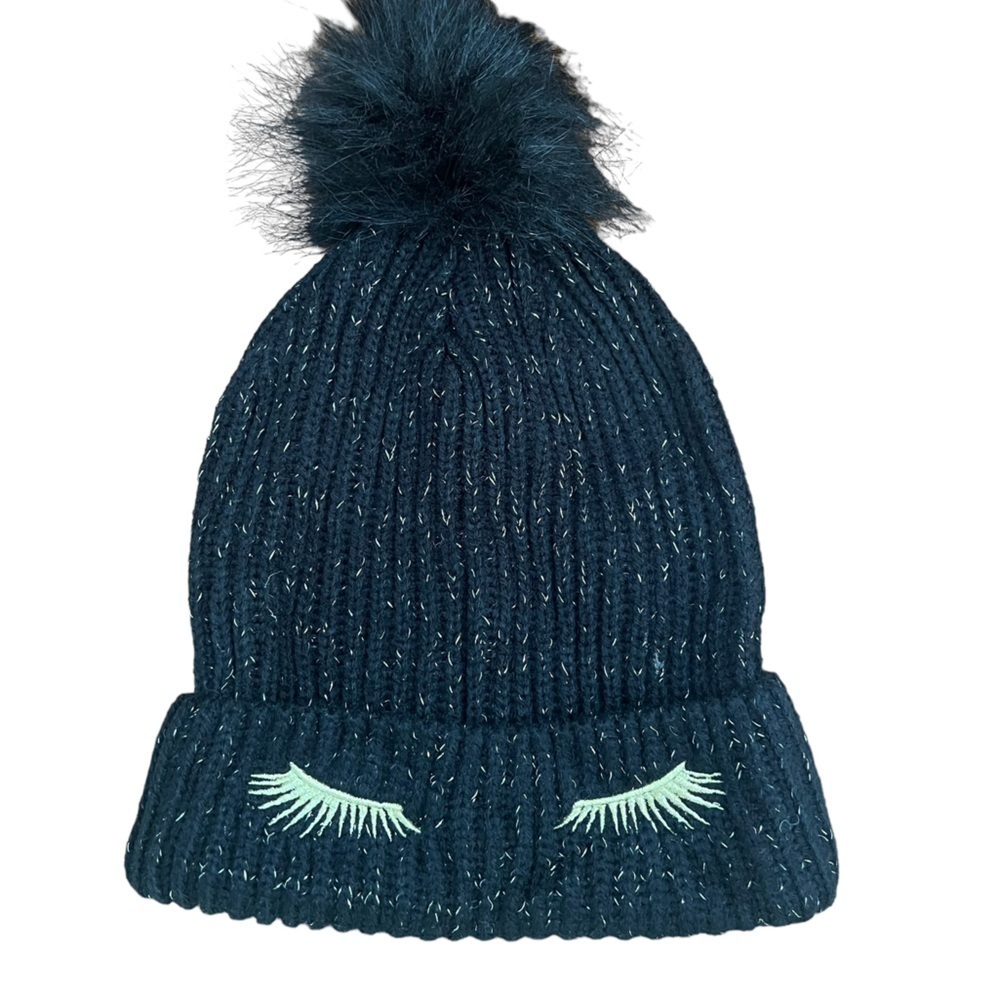 Black Gold Metallic Beanie Winter Hat Women’s One Size Eyelashes Embroidered